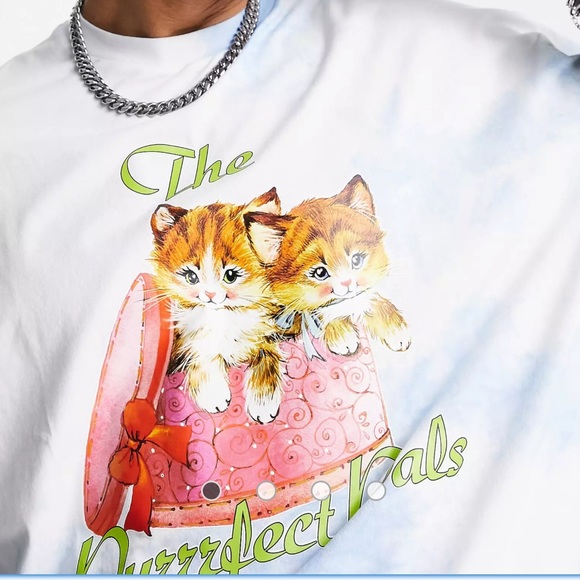 ASOS Design Oversized Cat Print T-Shirt in Washed Blue - Picture 2 of 7